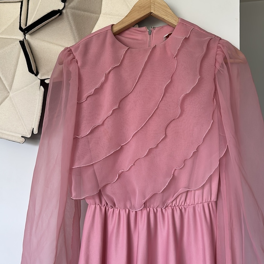 Vintage Amy Deb Elegant  Chiffon Easter Dress midi length size medium pink sheer - Picture 3 of 7